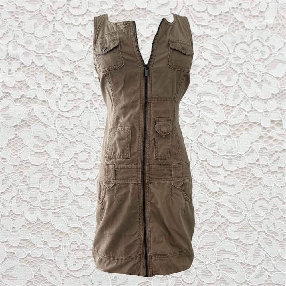 vintage y2k dkny khaki cargo utility mini dress